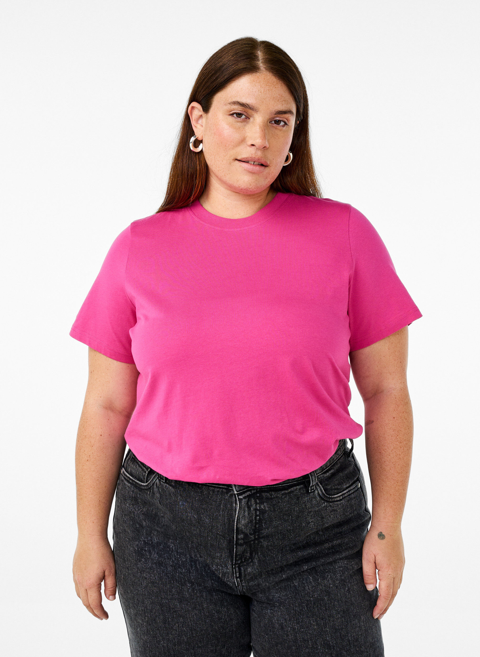 ZizziBasic katoenen T-shirt met ronde hals, Roze, Model image number 0
