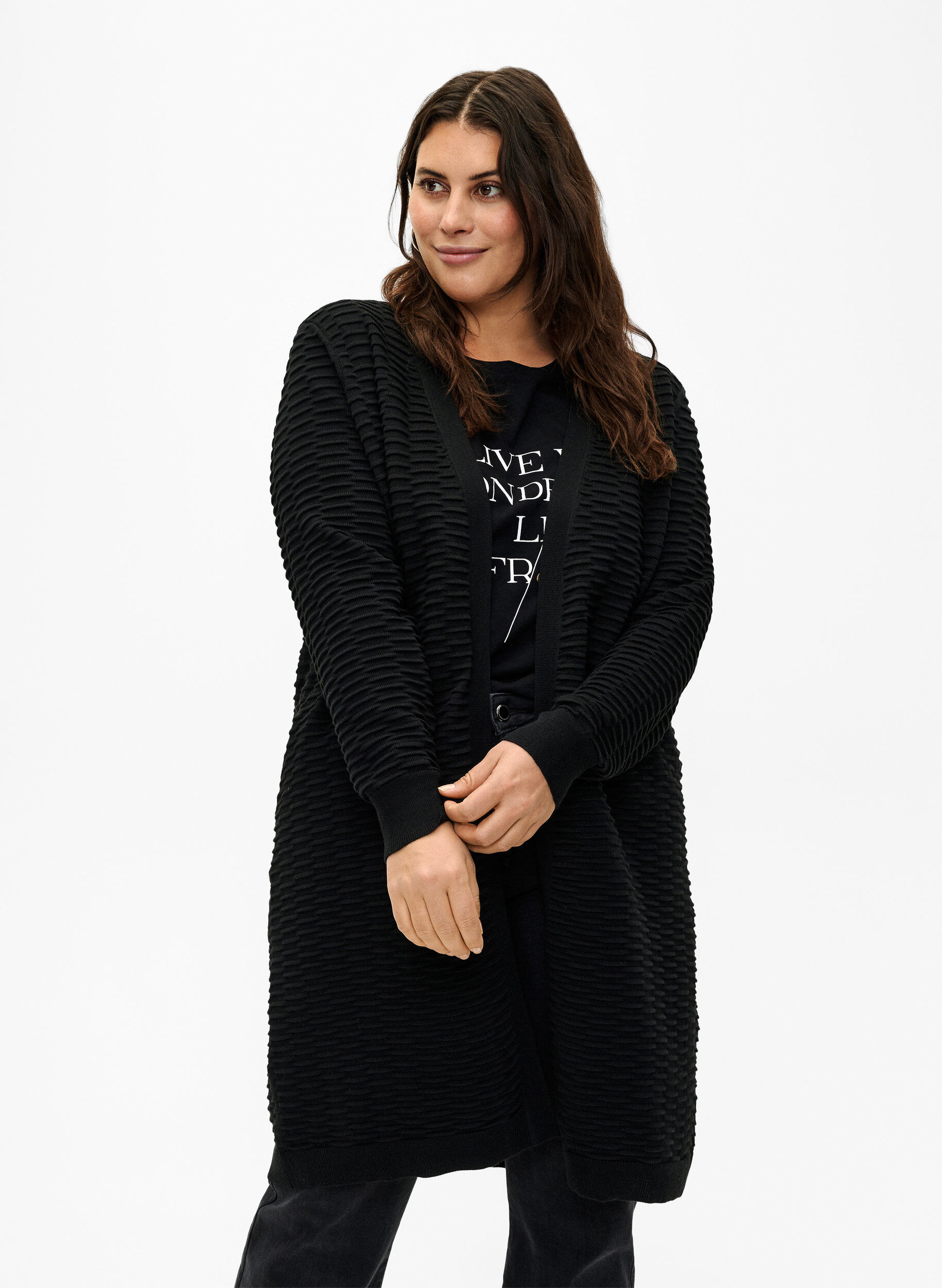 ZizziGebreid vest in katoen-viscose mix, Black, Model image number 0