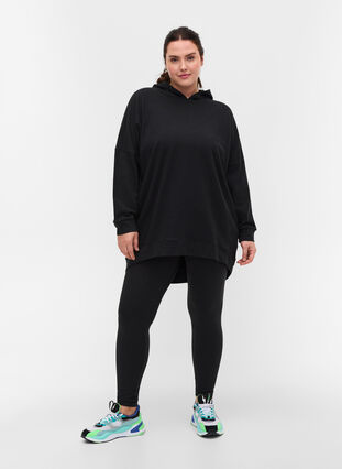 Katoenen sweatshirt met capuchon en high-low effecet, Black, Model image number 2