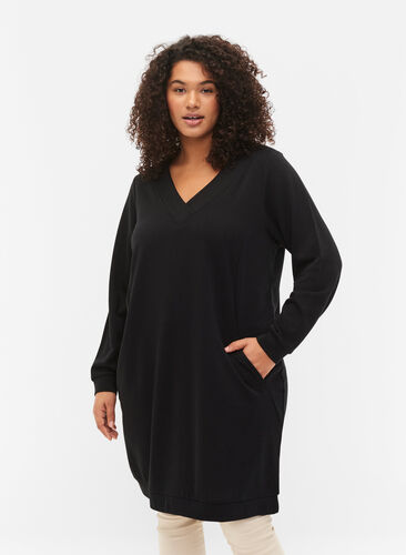 Robe sweat-shirt avec col en V, Black, Model image number 0