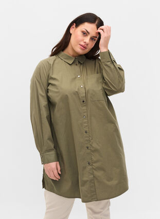 Lang katoenen blouse met kraag en knoopsluiting, Dusty Olive, Model image number 1