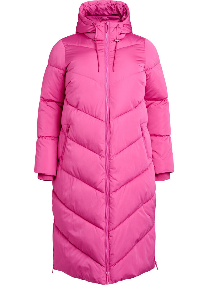Lange pufferjas met capuchon en zakken, Roze, Packshot image number 0