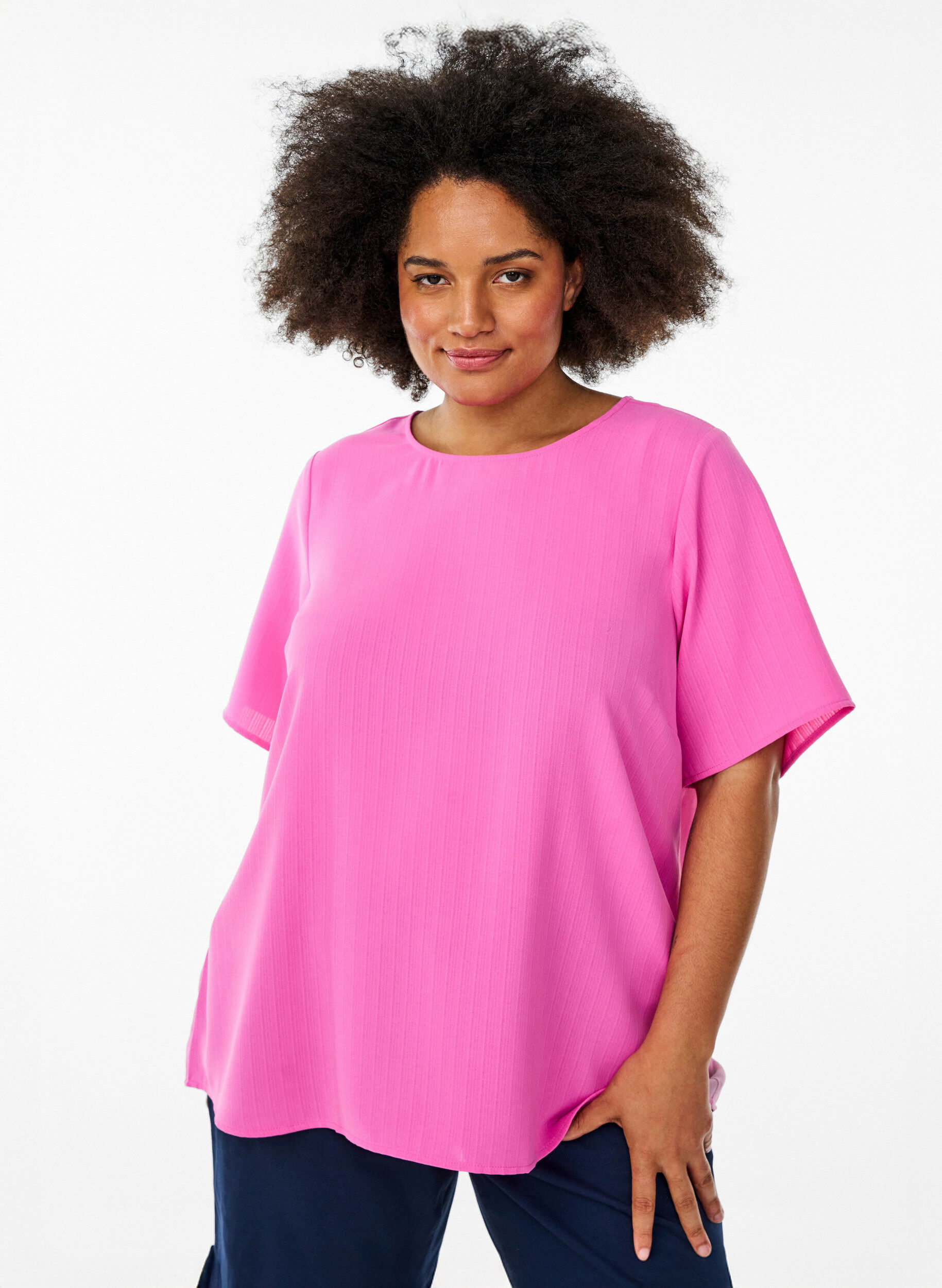 Blouse met korte mouwen en ronde hals, Roze, Model