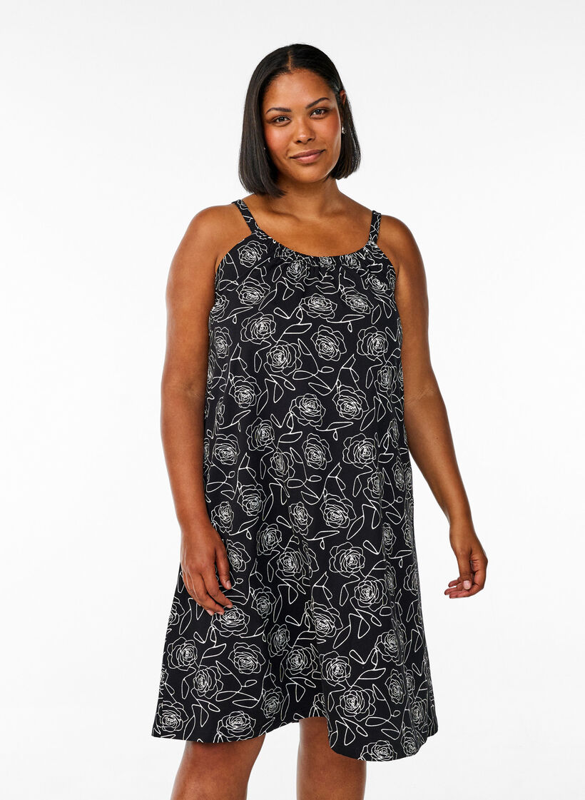 Jurk met middelhoge bandjes van biologisch katoen, Zwart, Model image number 0