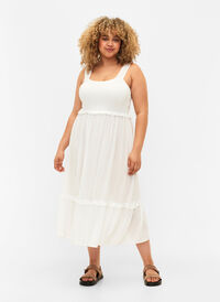 Viscose midi-jurk met smok, Bright White, Model