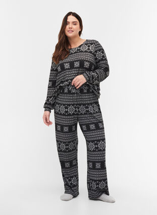 Pyjama broek met patroon en trekkoorden, Black AOP, Model image number 0
