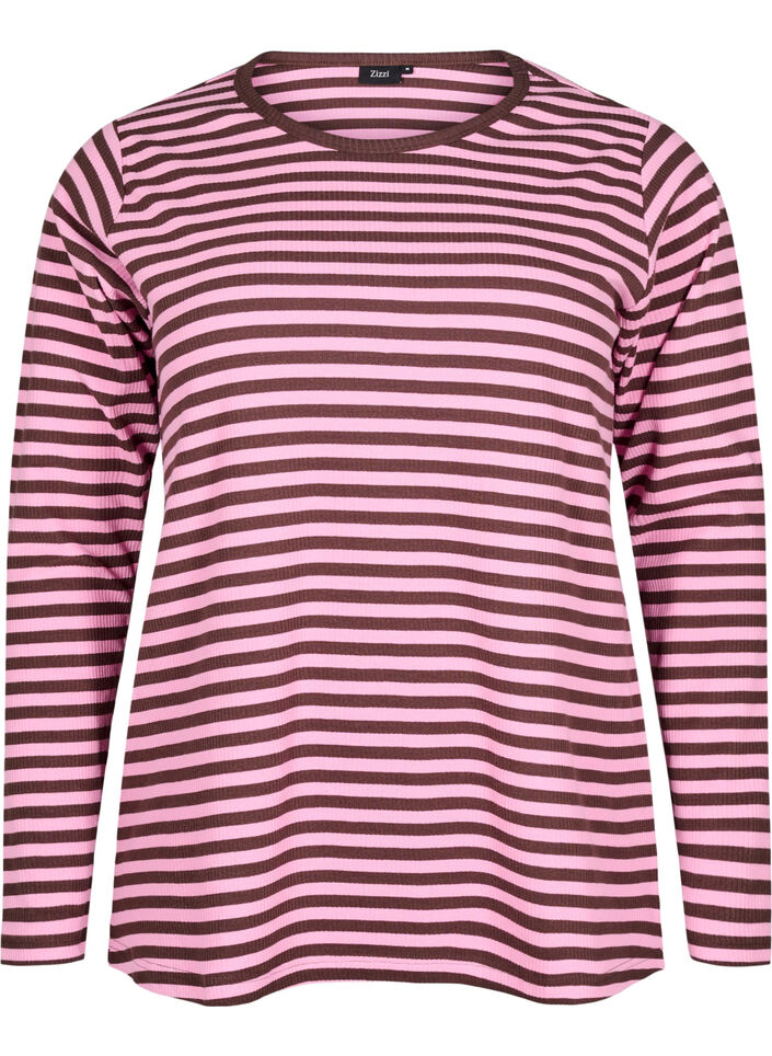 Gestreepte blouse met lange mouwen, Roze, Packshot image number 0