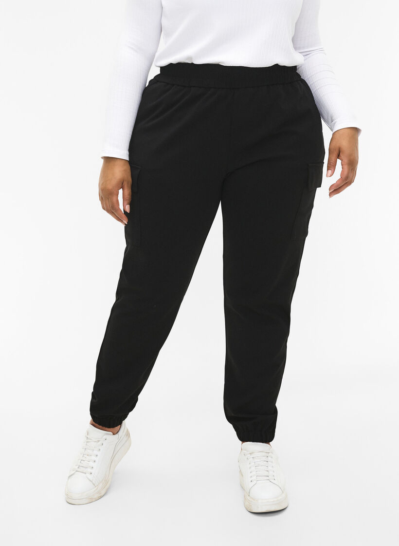 Cargo broek met elastische taille, Black, Model image number 2
