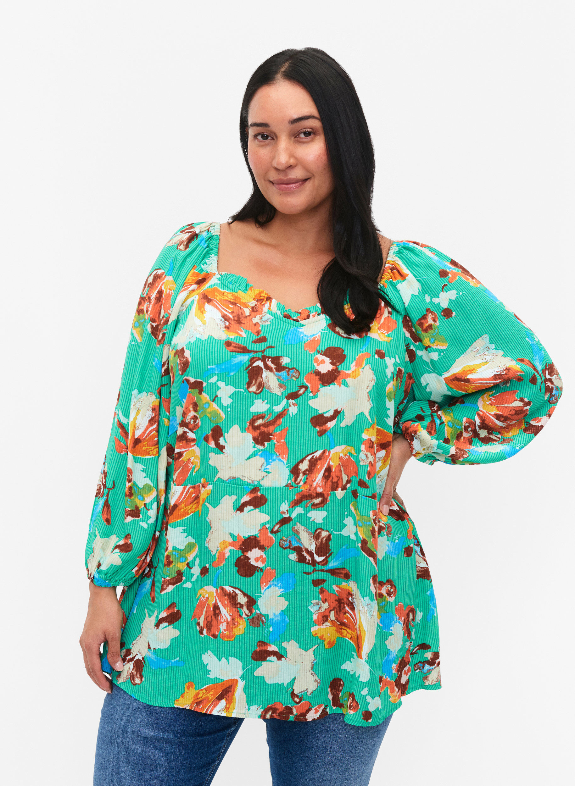 Blouse en viscose imprim&eacute;e &agrave; manches 3/4, Vert, Model