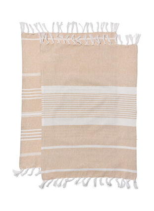 Lot de 2 serviettes rayées avec franges, 2-Pack Beige, Packshot image number 1