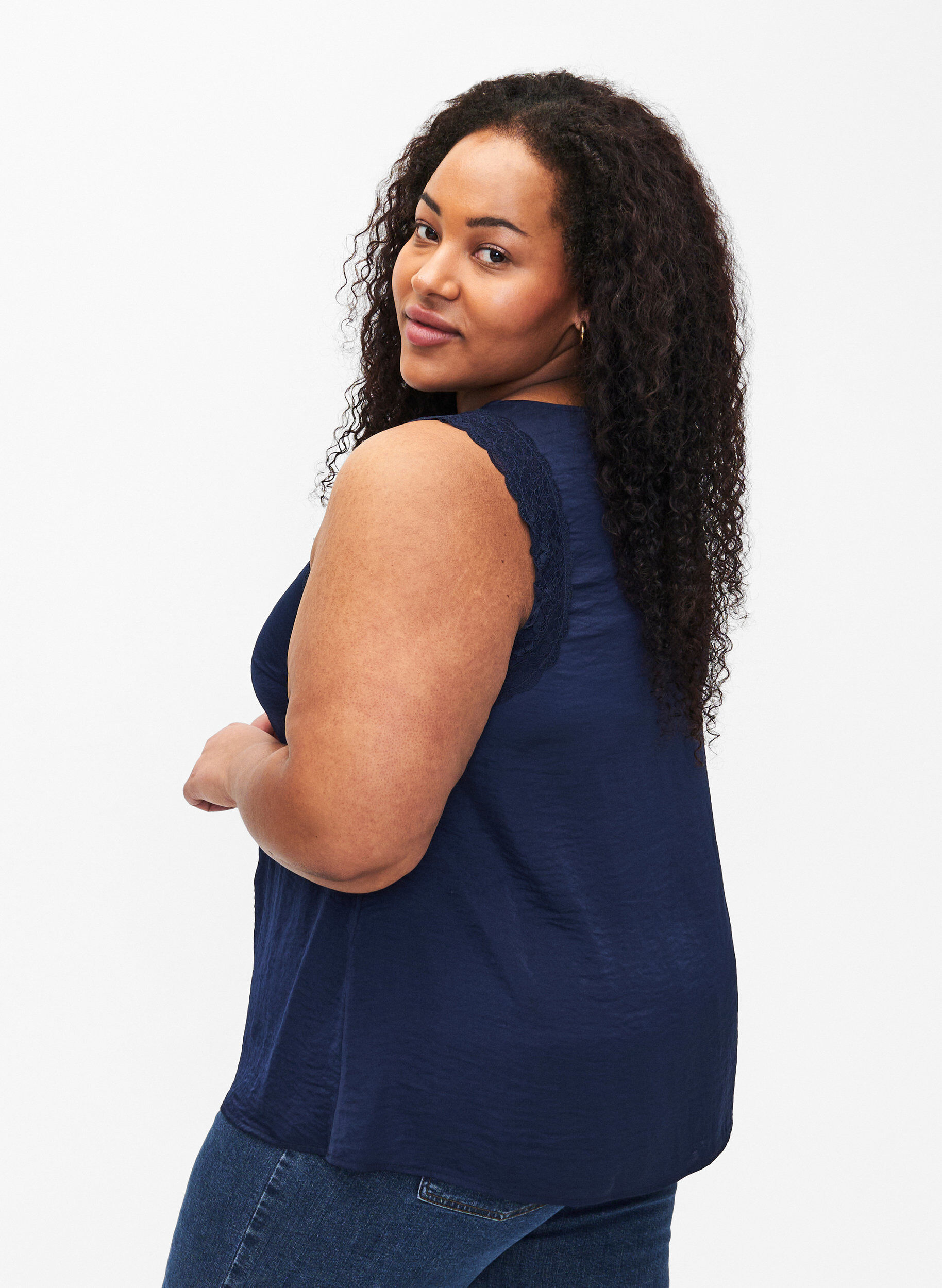 ZizziTop met kant en gekruist accent, Navy, Model image number 1