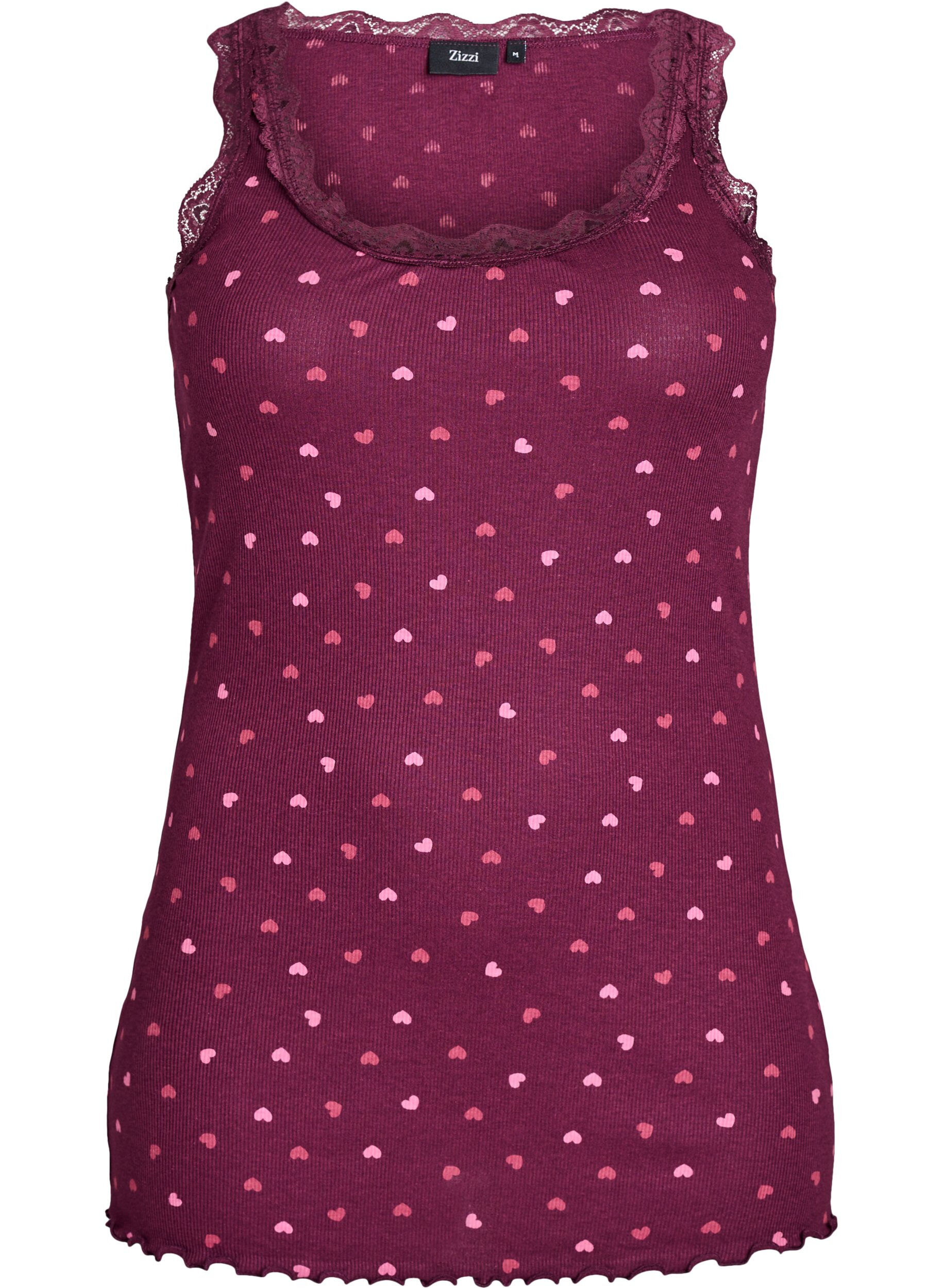 ZizziTop met print en kanten rand, Donker Bordeaux, Packshot image number 0