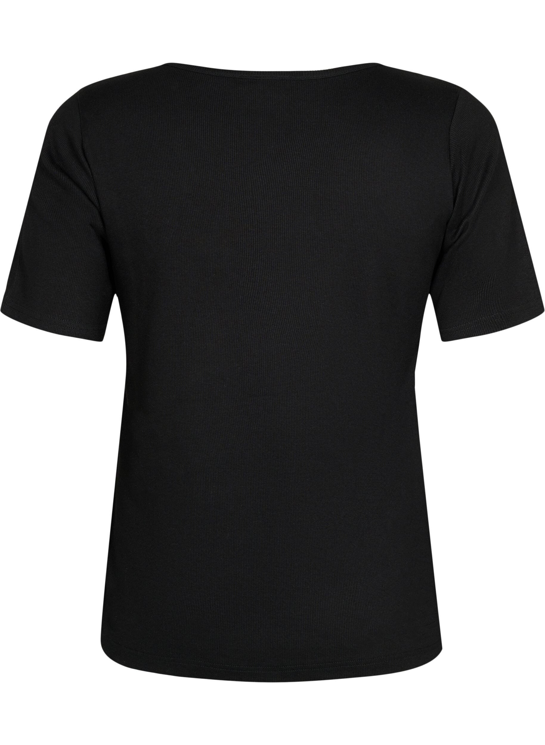 ZizziKatoenen blouse met korte mouwen in ribstof, Black, Packshot image number 1