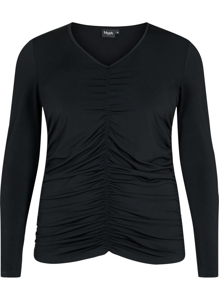 Blouse met v-hals en drapering, Black, Packshot image number 0