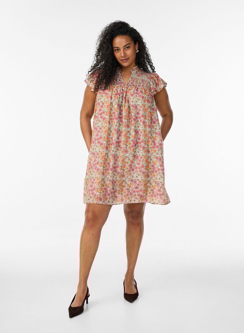 Korte viscose jurk met smokwerk en bloemenprint, Oranje, Model image number 1