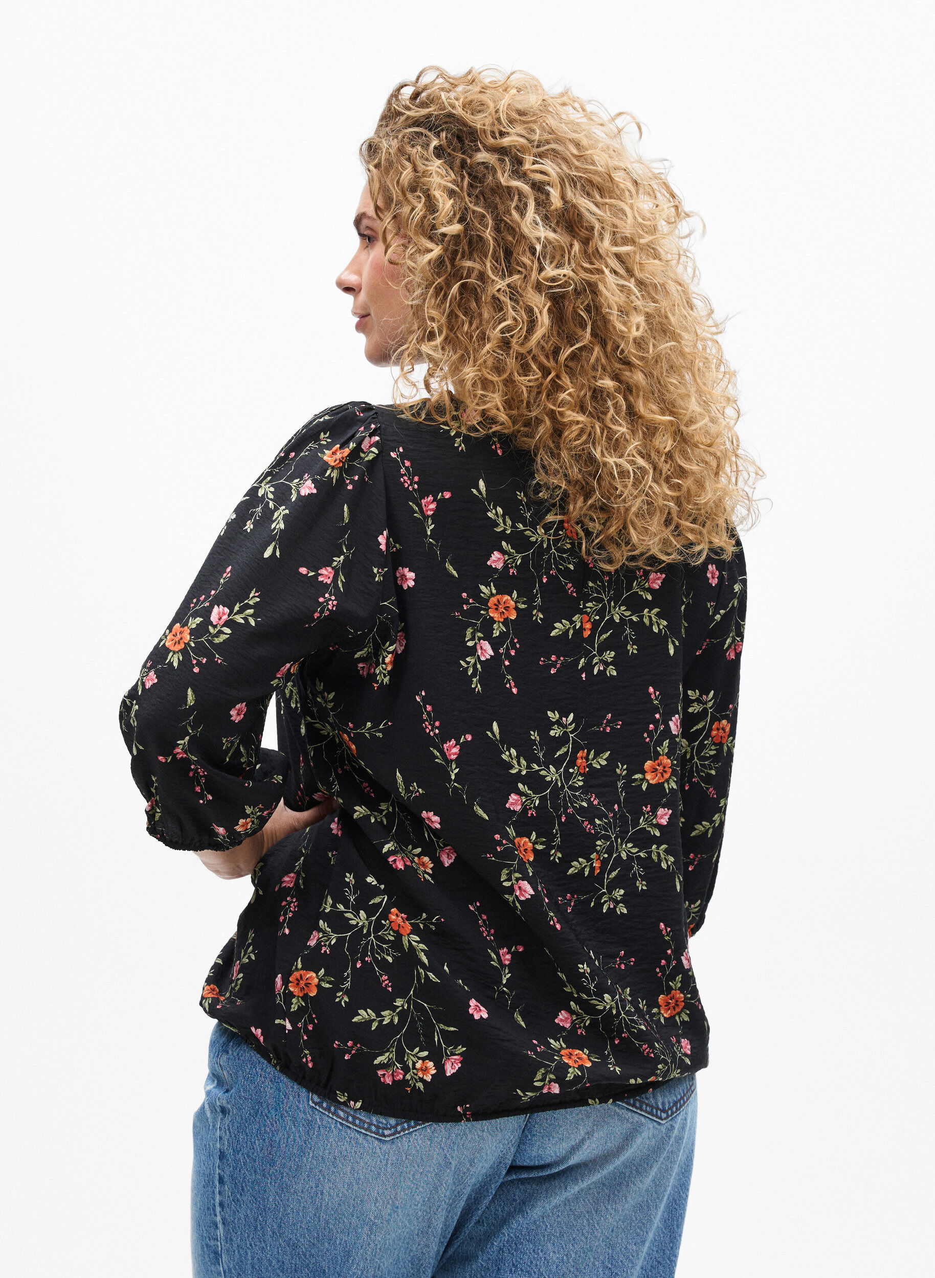ZizziBlouse met 3/4 mouwen en kantdetails, Zwart, Model image number 2