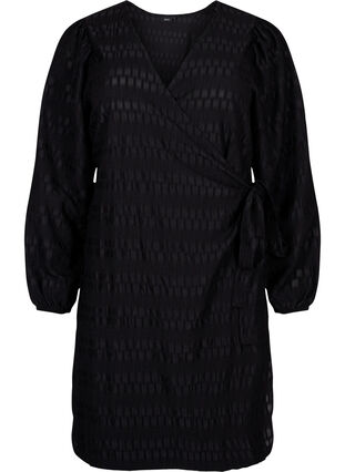 Robe portefeuille à manches longues et motif texturé, Black, Packshot image number 0