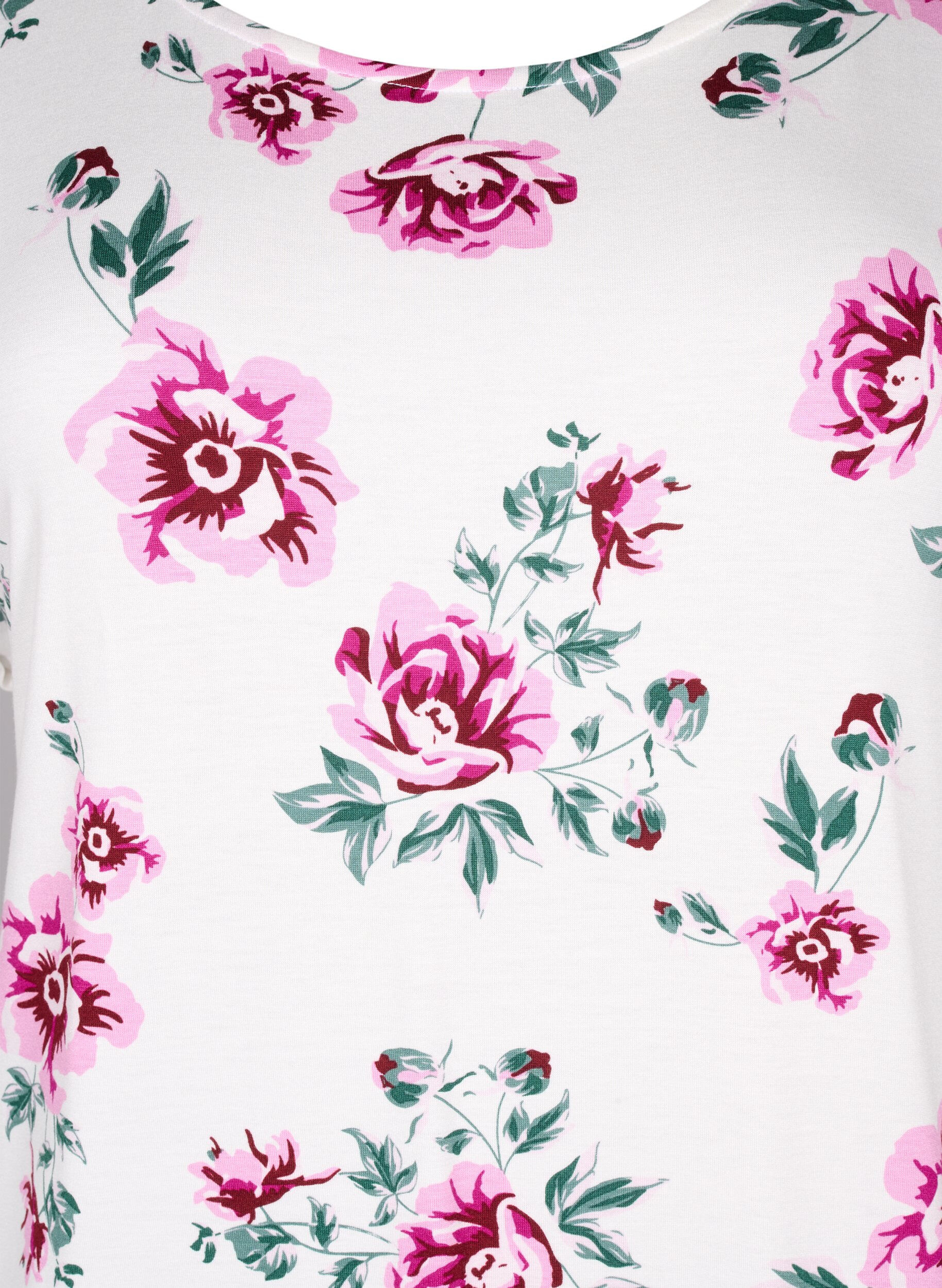 ZizziViscose blouse met korte mouwen en bloemen, White Pink AOP, Packshot image number 2