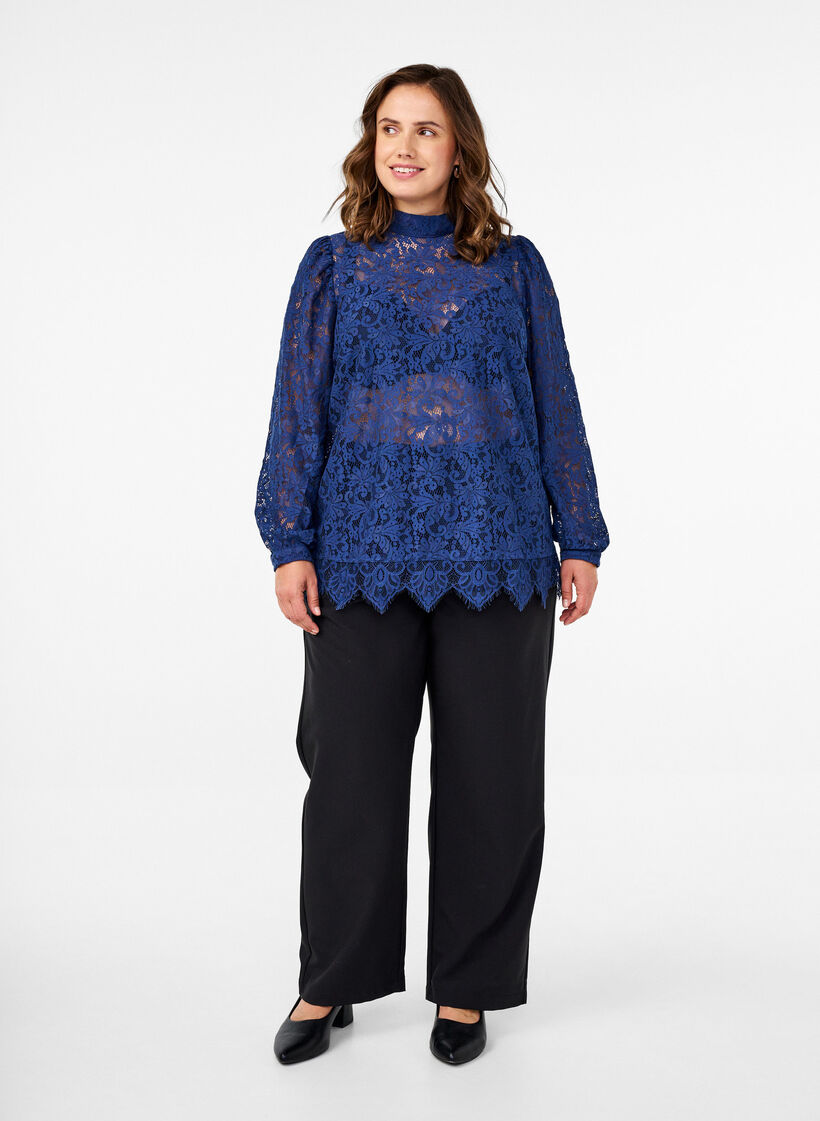 Kanten blouse met strikdetail, Estate Blue, Model image number 2