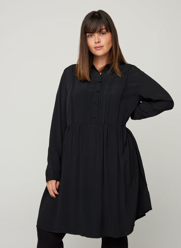 Viscose jurk met kanten lint, Black, Model image number 0