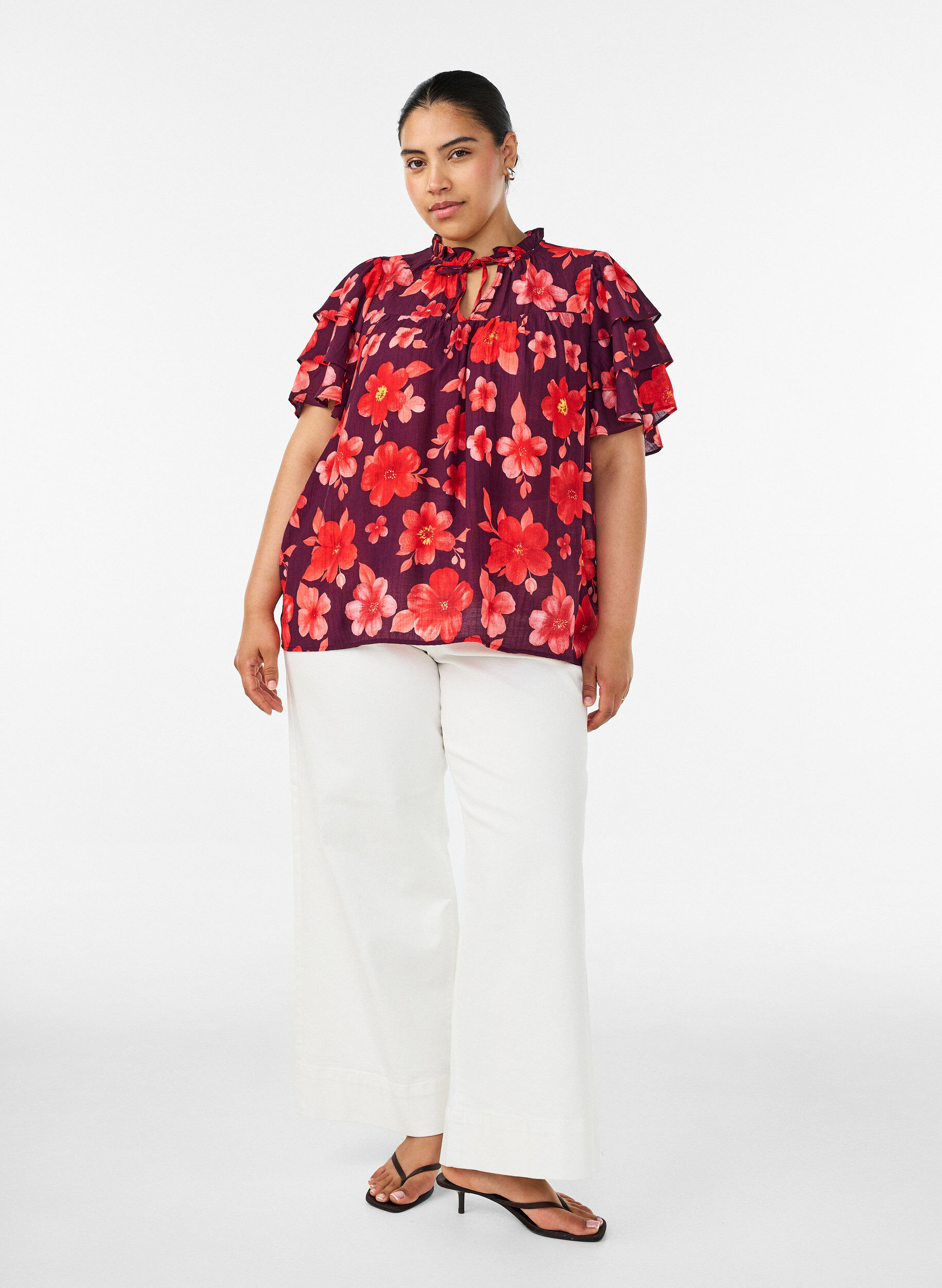 ZizziFloral viscose blouse met ruches mouwen, Paars, Model image number 1