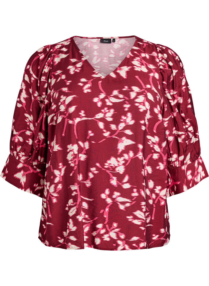 Blouse avec col en V et manches 3/4, Rouge, Packshot image number 0