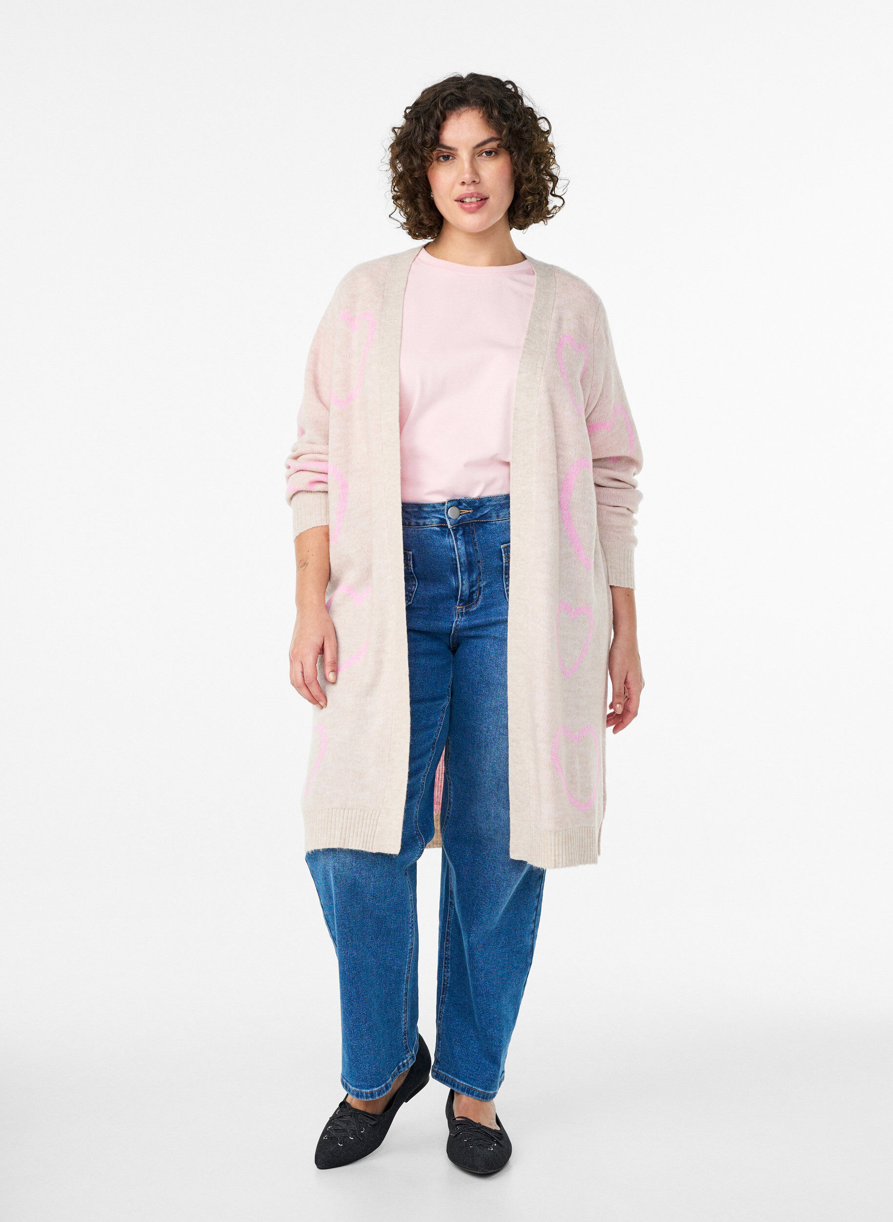Zizzi Long cardigan &agrave; c&oelig;urs ton sur ton, Beige, Model image number 1