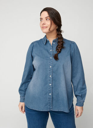 Denim blouse met pofmouwen, Blue denim, Model image number 0