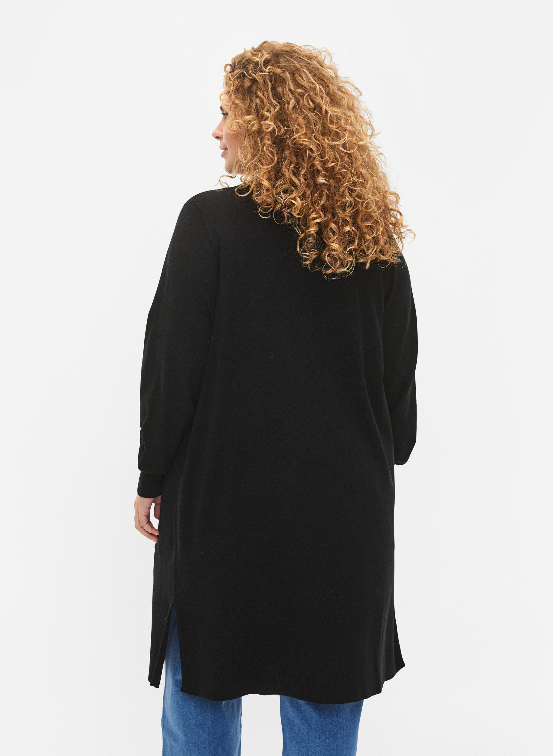 Zizzi Long cardigan en tricot avec des poches, Black, Model image number 1