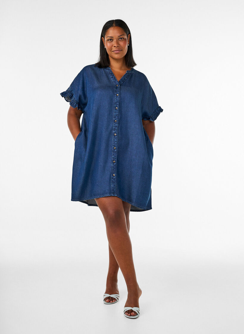 Denimlook jurk met knoopsluiting en ruches mouwtjes, Blauw, Model image number 1