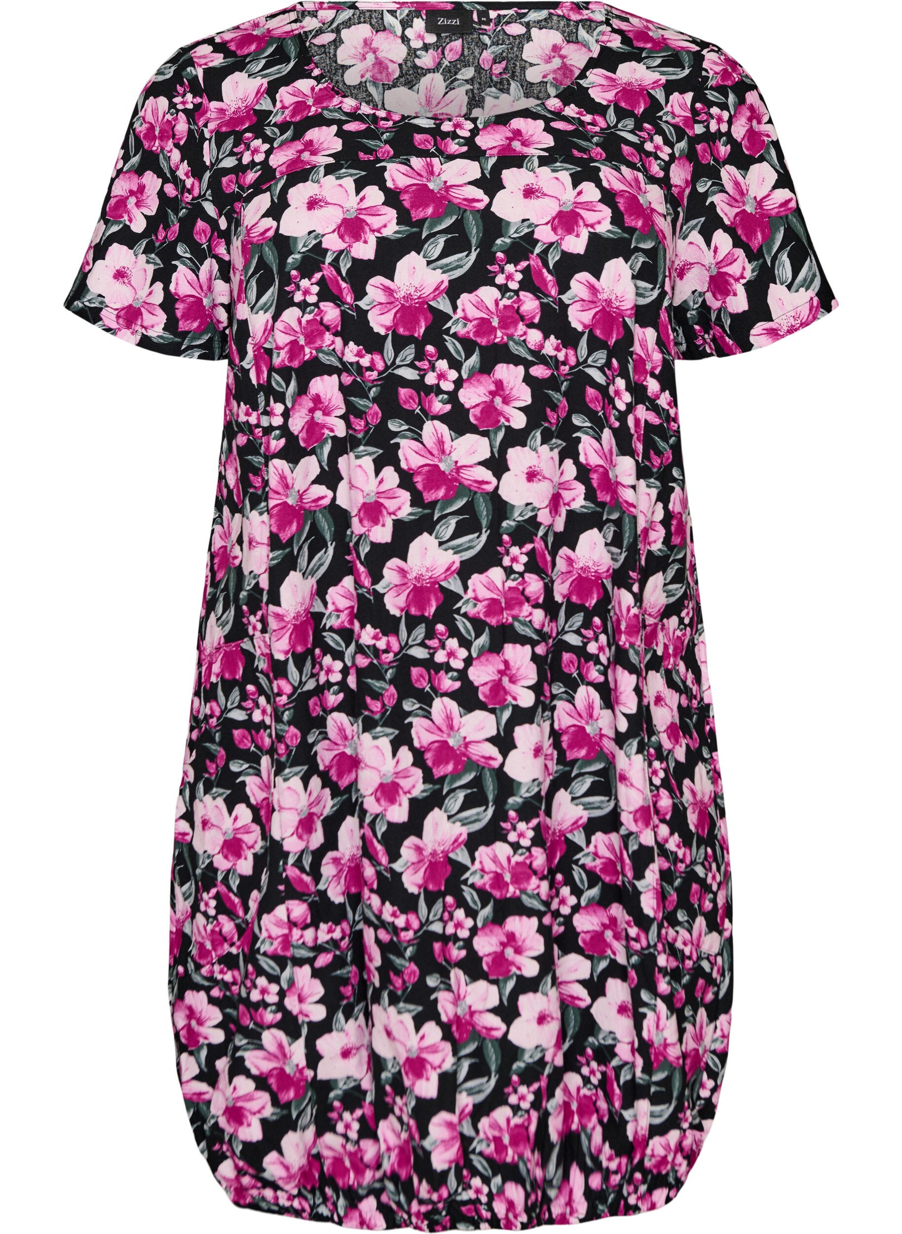 ZizziKatoenen jurk met korte mouwen en print, Zwart, Packshot image number 0