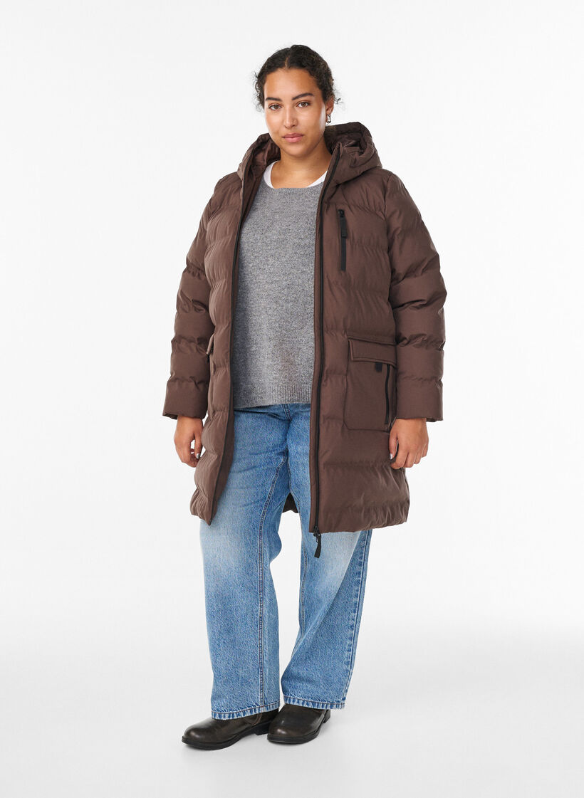 Pufferjas met capuchon en zakken, Bruin, Model image number 1