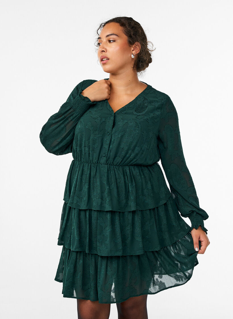 Korte jurk met ruches en een textuurpatroon, Groen, Model image number 0