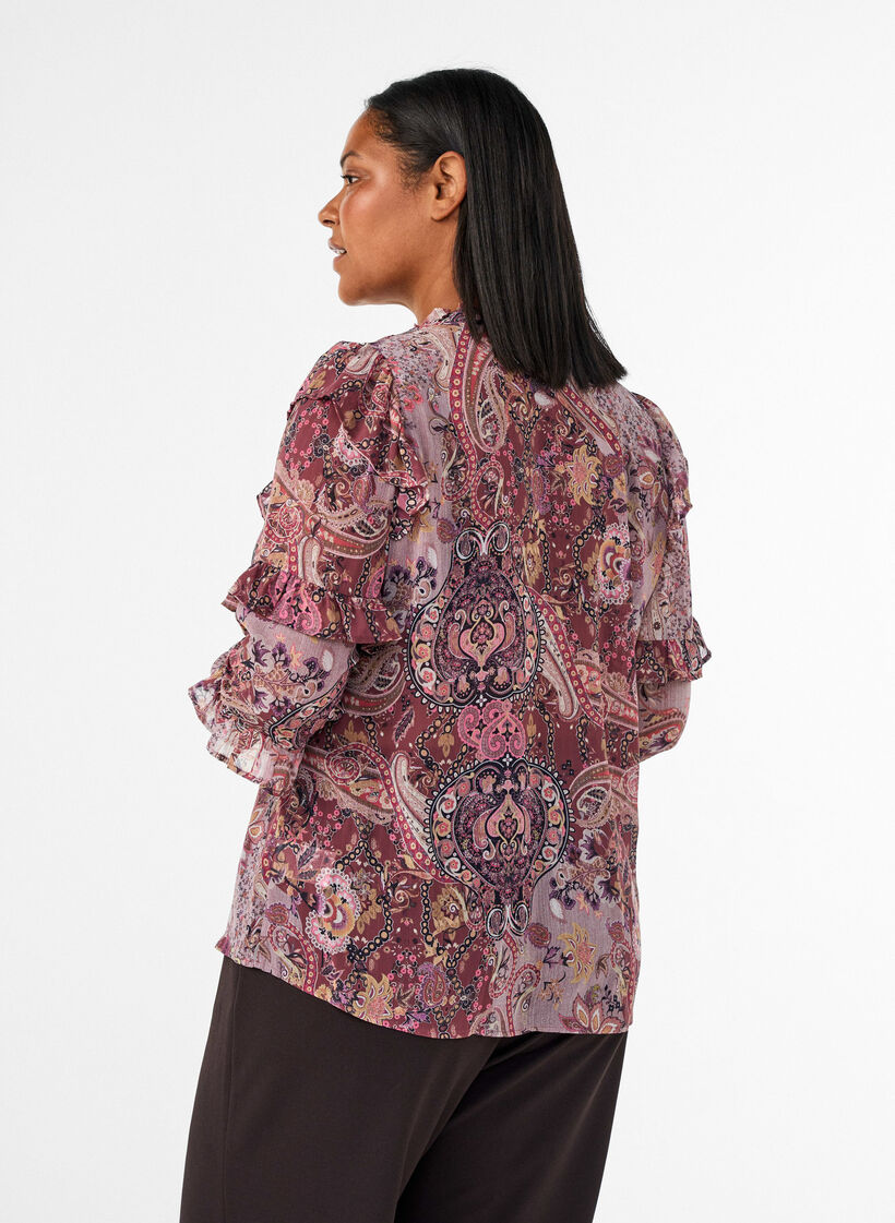 Blouse &agrave; imprim&eacute; cachemire et d&eacute;tails &agrave; volants, Mauve, Model image number 2