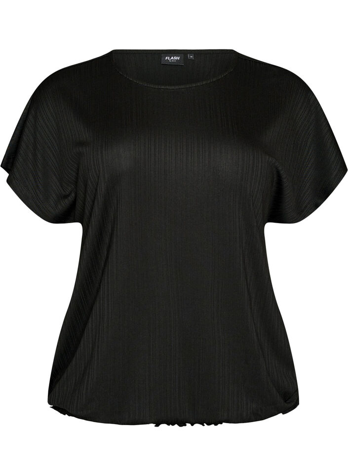 Jersey blouse met gestructureerde strepen en een gesmokte zoom, Zwart, Packshot image number 0