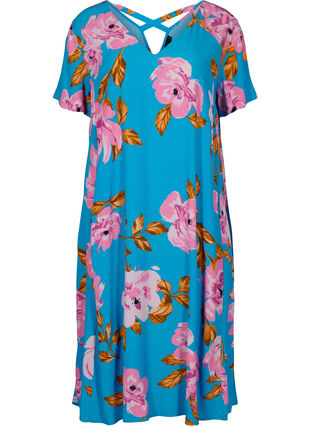 Robe midi en viscose avec imprimé floral, Blue Pink Flower, Packshot image number 0