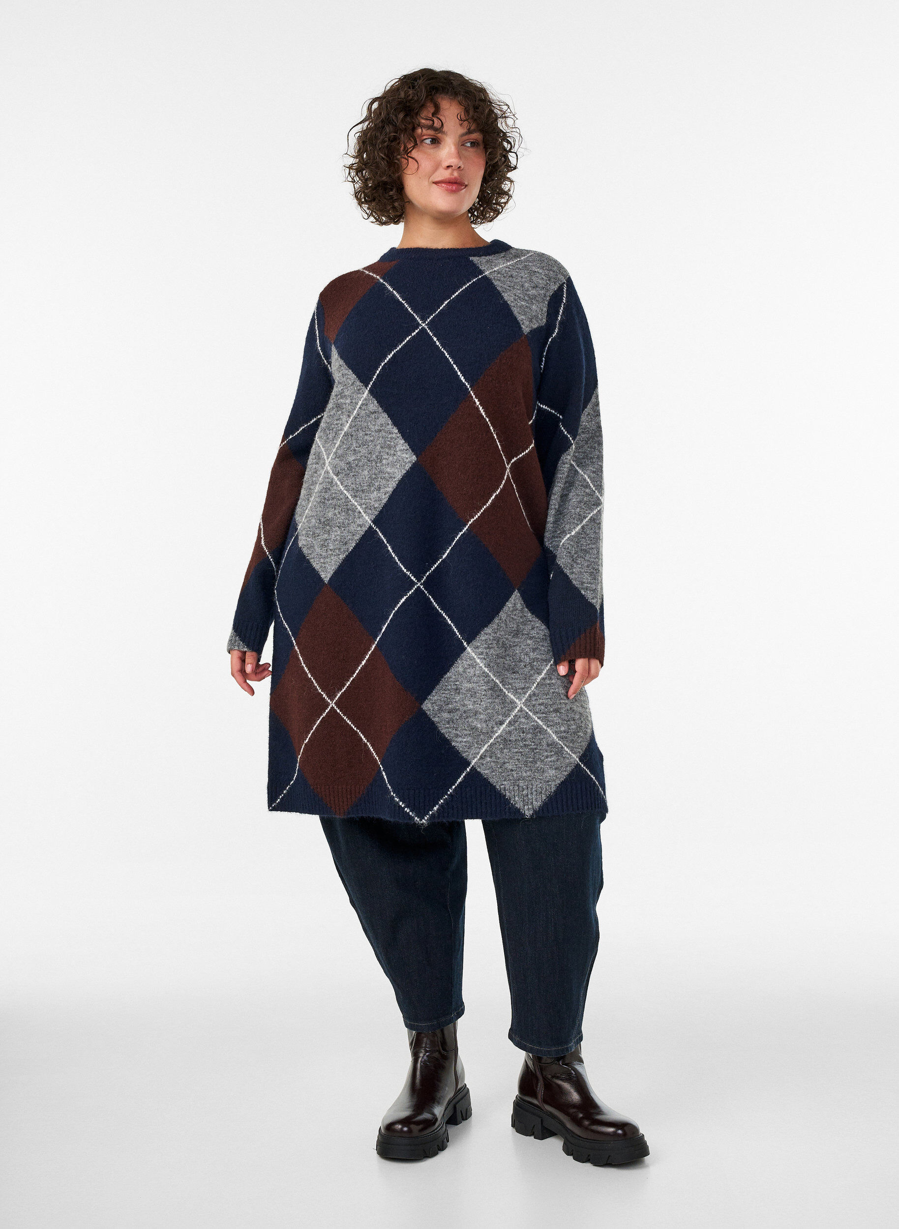 ZizziGebreide jurk met groot ruitpatroon, Blauw, Model image number 1
