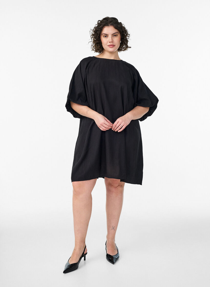 Robe courte en viscose avec manches ballon, Noir, Model image number 0