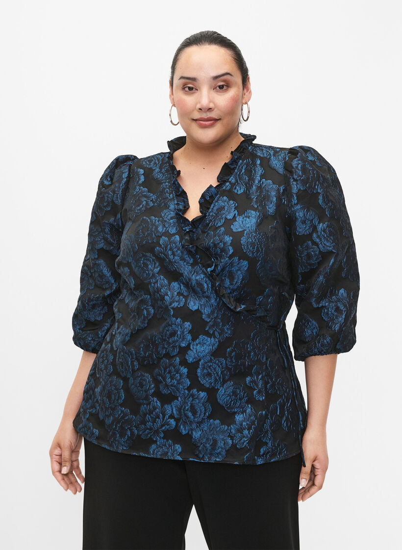 Jacquard wikkelblouse met 3/4 mouwen, Black Blue, Model image number 0