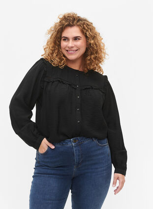 Chemise blouse avec volants et plis, Black, Model image number 0