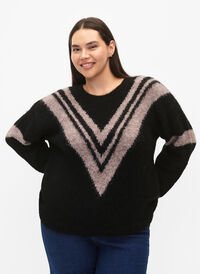 Pull en tricot avec des détails rayés, Black Comb, Model