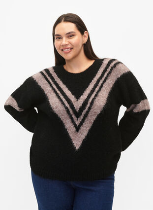 Pull en tricot avec des détails rayés, Black Comb, Model image number 0