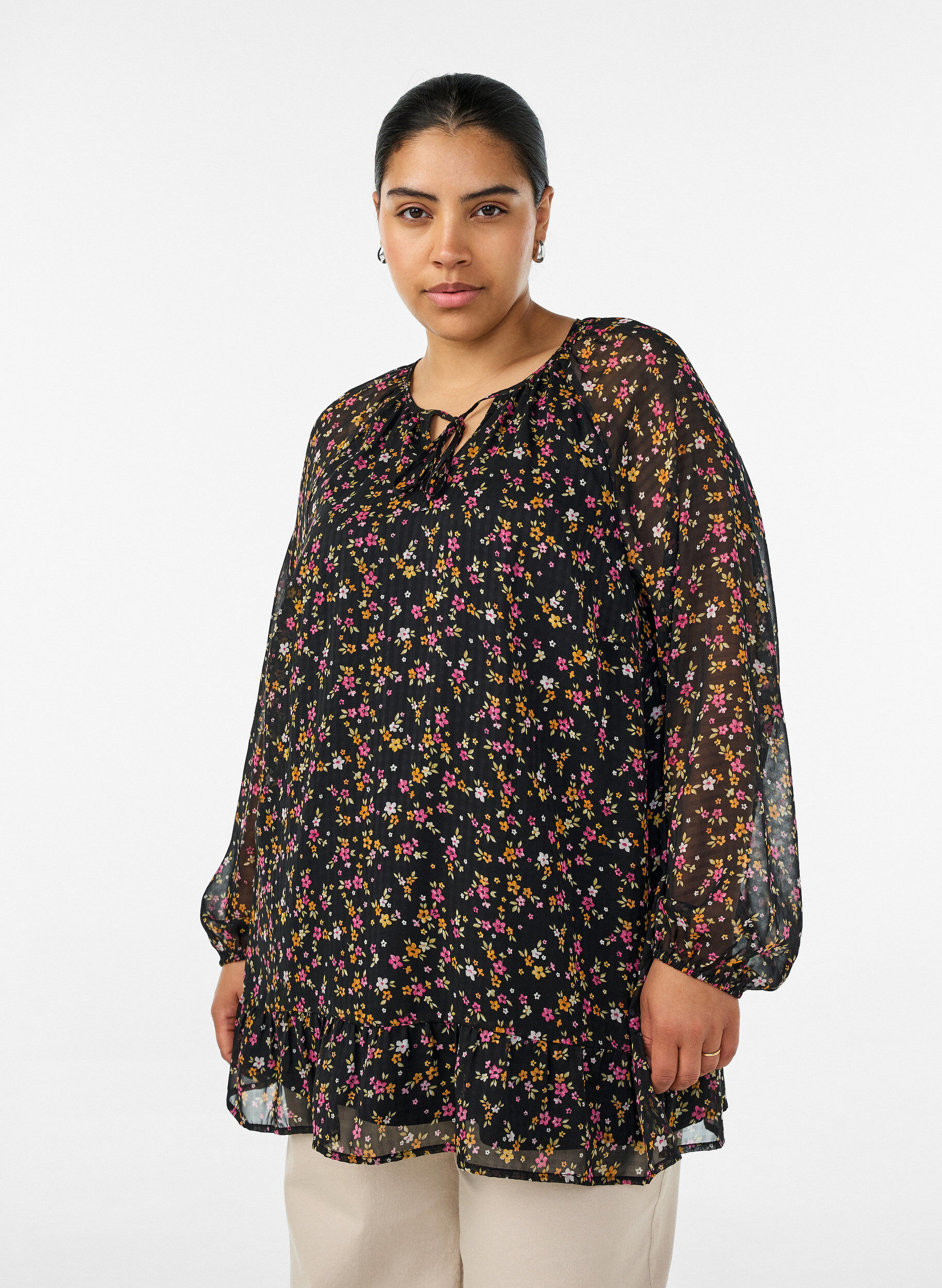 ZizziA-lijn tuniek met bloemenprint, Zwart, Model image number 0
