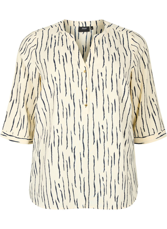 Blouse met print en 3/4 mouw, Off White Stripe, Packshot image number 0