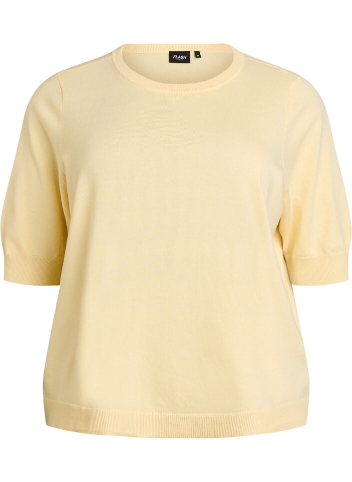 Fijngebreide blouse met korte mouwen, Geel, Packshot image number 0