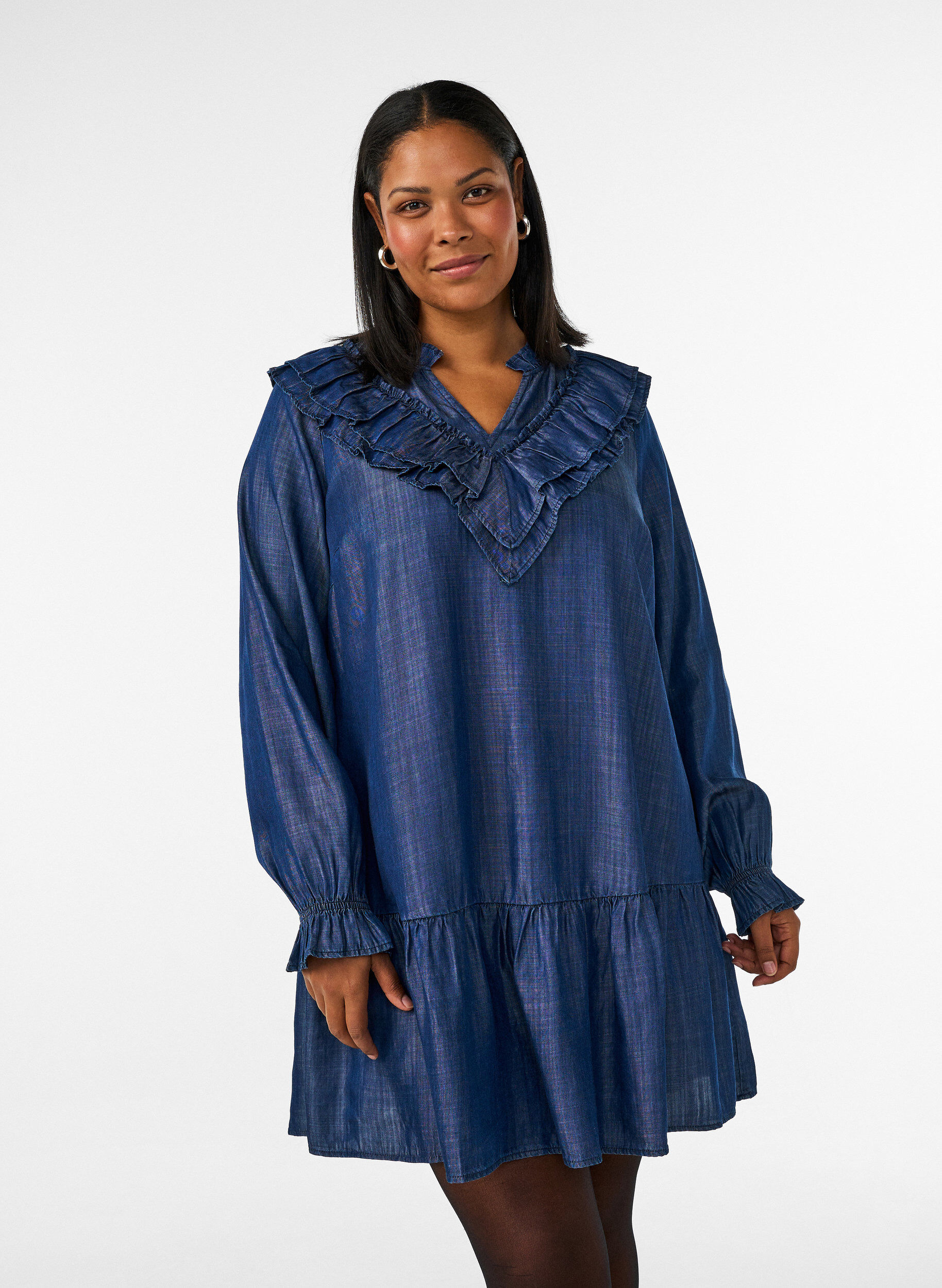 ZizziKorte jurk in denimlook met ruches, Blauw, Model image number 0