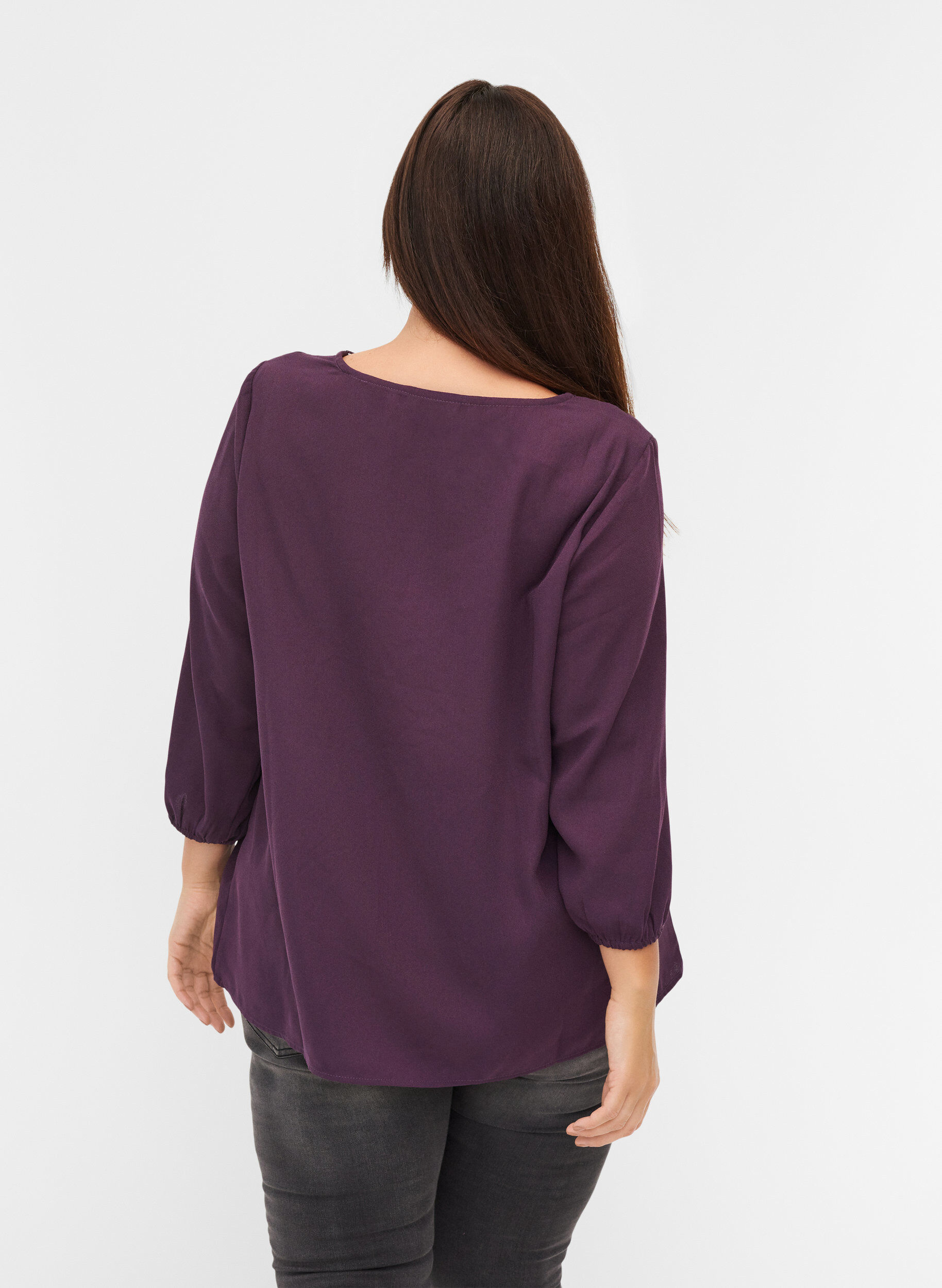 Zizzi Blouse unie avec dentelle et manches 3/4, Plum Perfect, Model image number 1