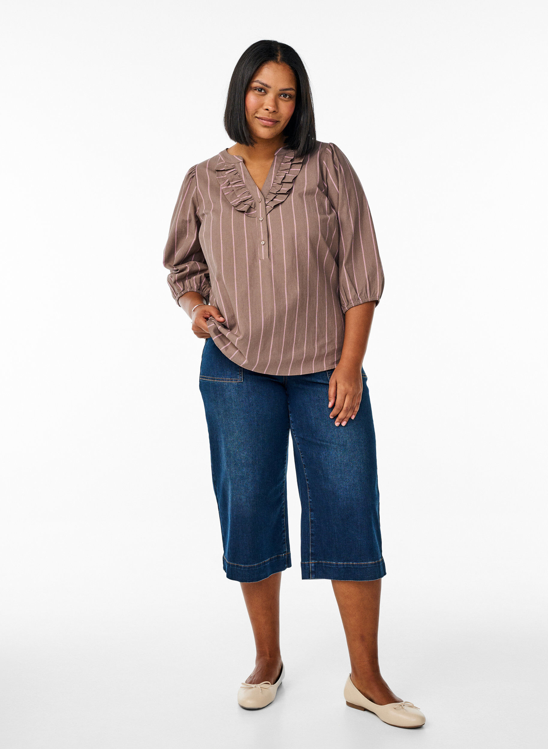 Zizzi Chemisier manches 3/4 en coton &agrave; rayures, Marron, Model image number 1