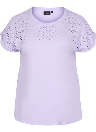 Los t-shirt met borduursel anglaise, Lavender, Packshot image number 0
