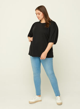 Sweat blouse met pofmouwen, Black, Model image number 2
